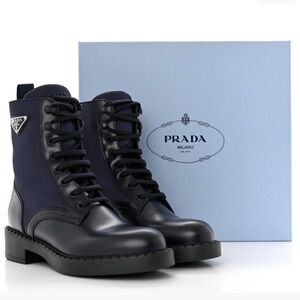 Prada Spazzolato Re-Nylon 50mm Combat Boots – Blue (Size 39)